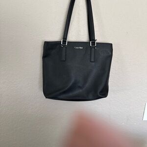 Calvin Klein Black Leather Tote with Silver Hardware